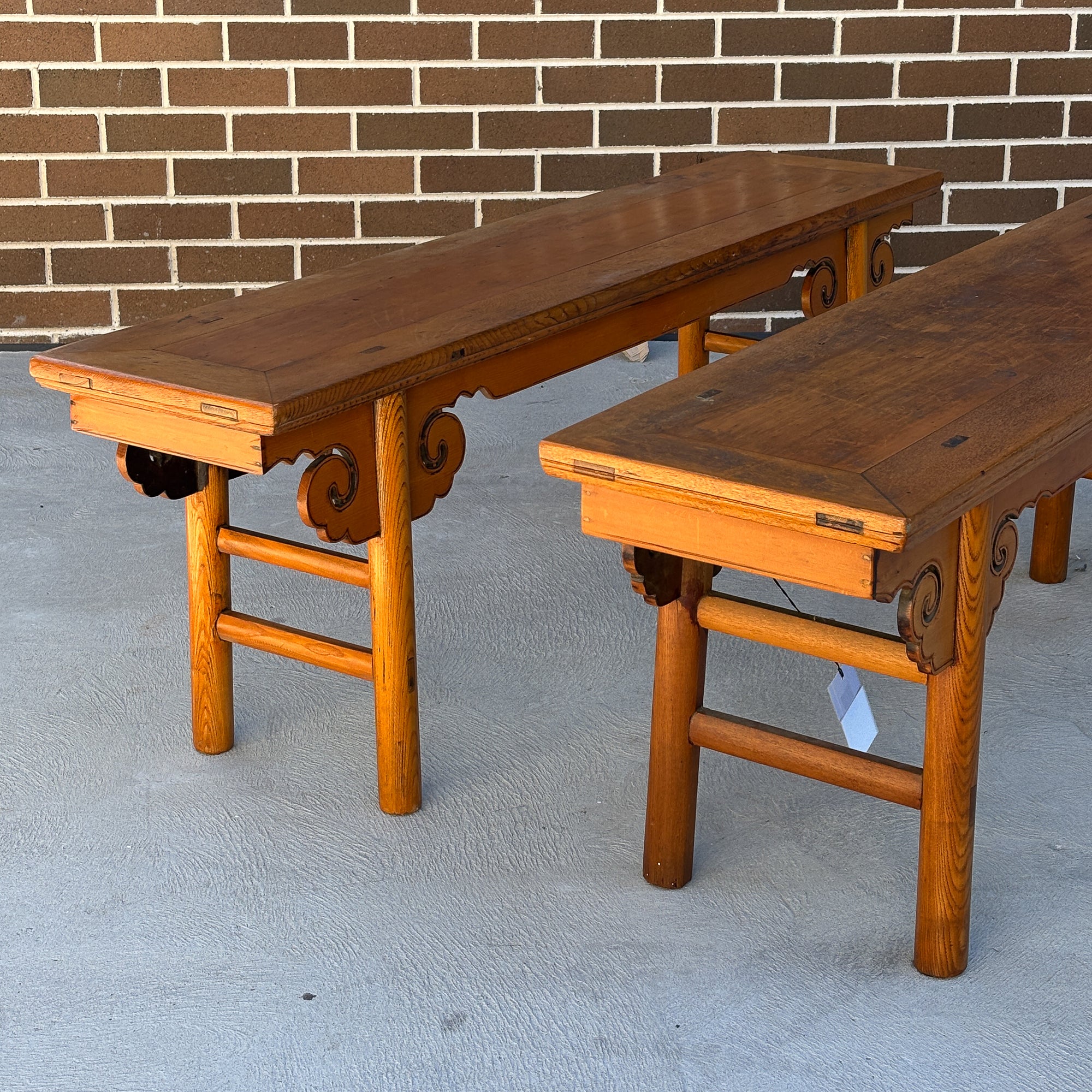 19thC Chinese Bench With Hand Carved Apron