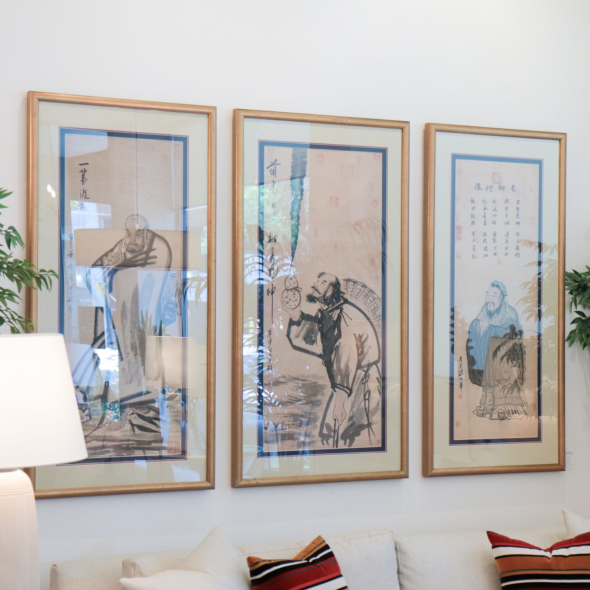 3 Piece Framed Antique Silk Chinese Scrolls