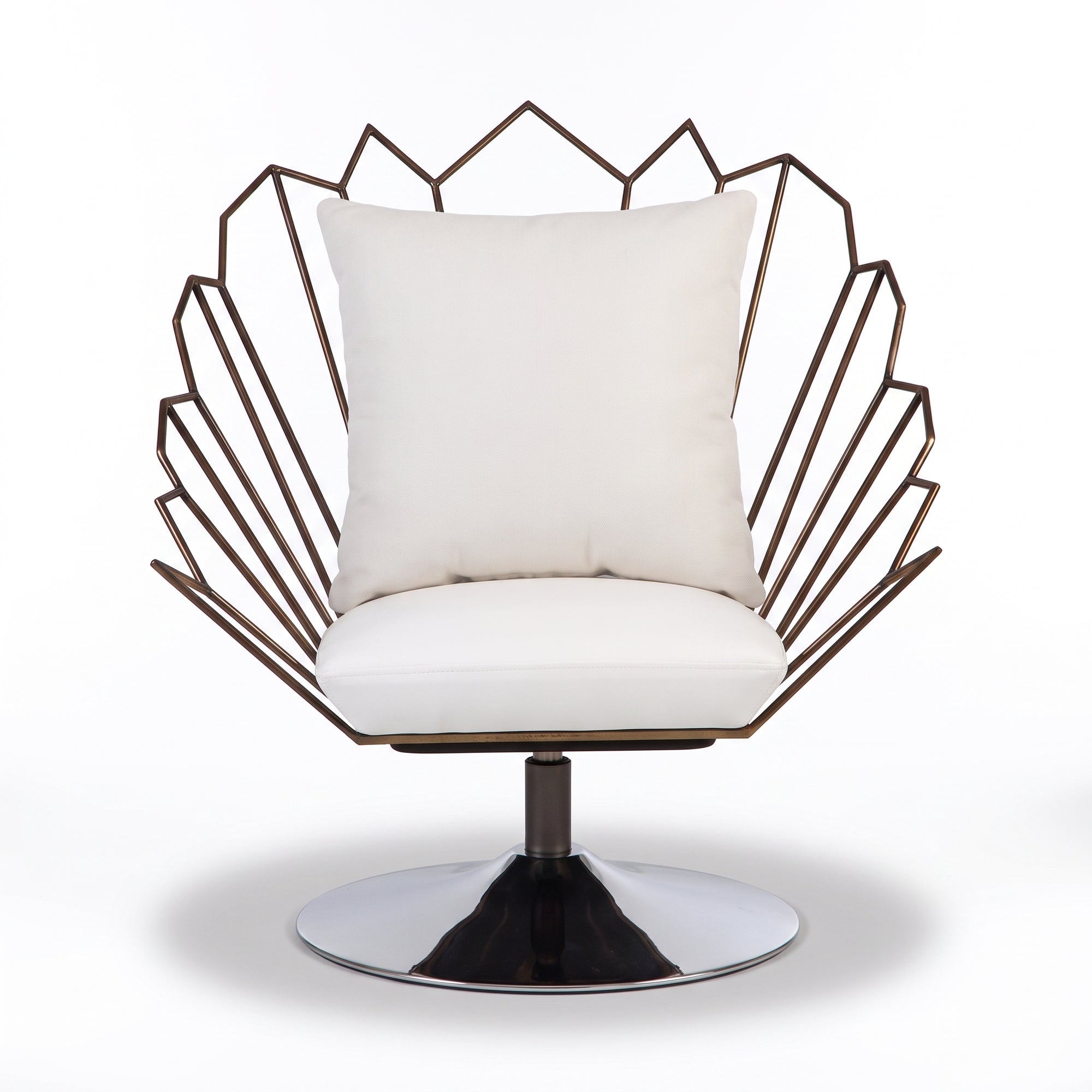 A modern swivel lounge chair with a white cushioned seat and backrest, supported by a geometric bronze metal frame and a chrome swivel base, shown on a white background.
