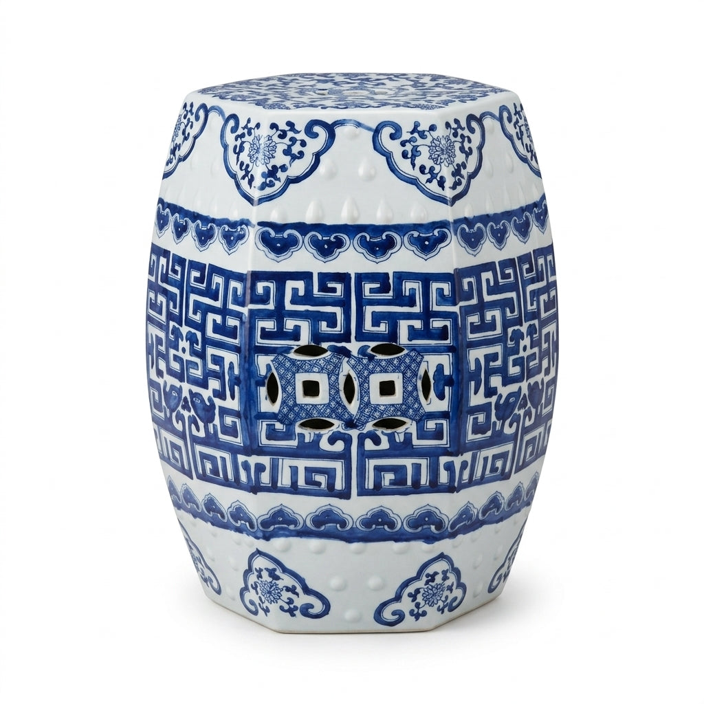Blue and White Key Design Stool