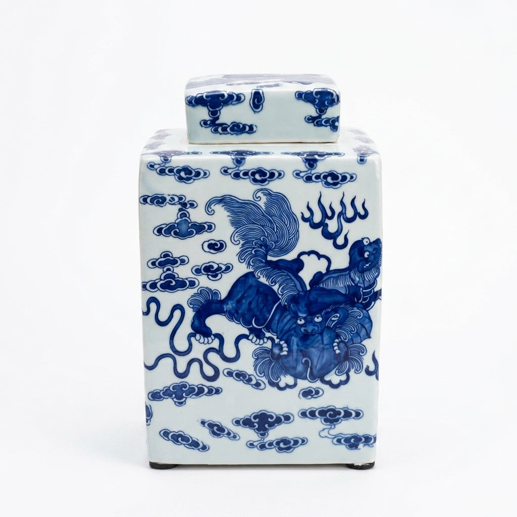 Blue and White Flat Hex Bird Floral Jar