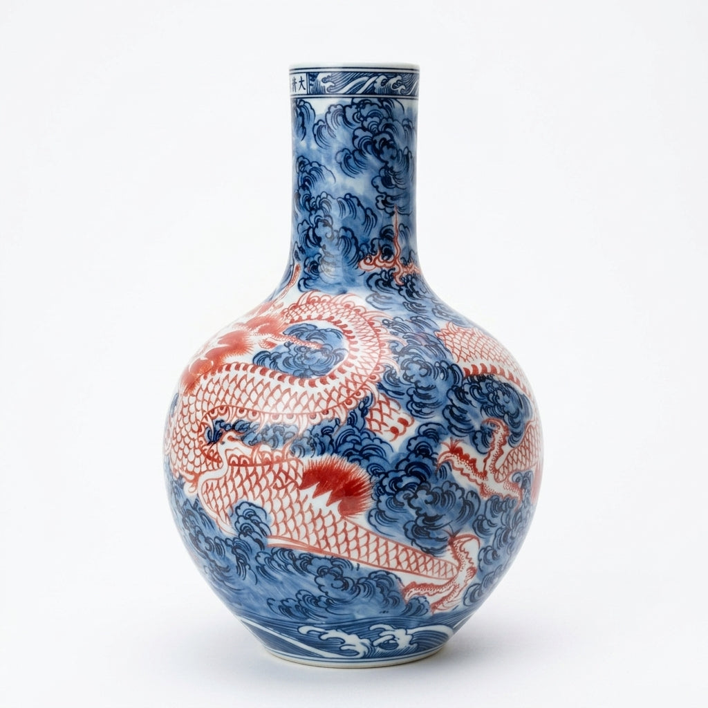 Blue &amp; White Globular Vase with Copper Red Dragon