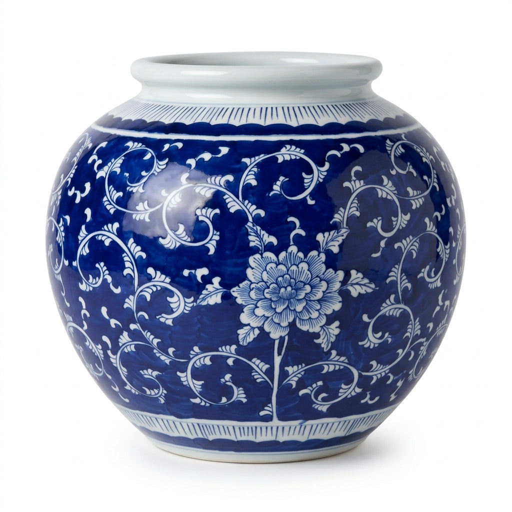 Blue &amp; White Peony Open Top Vessel