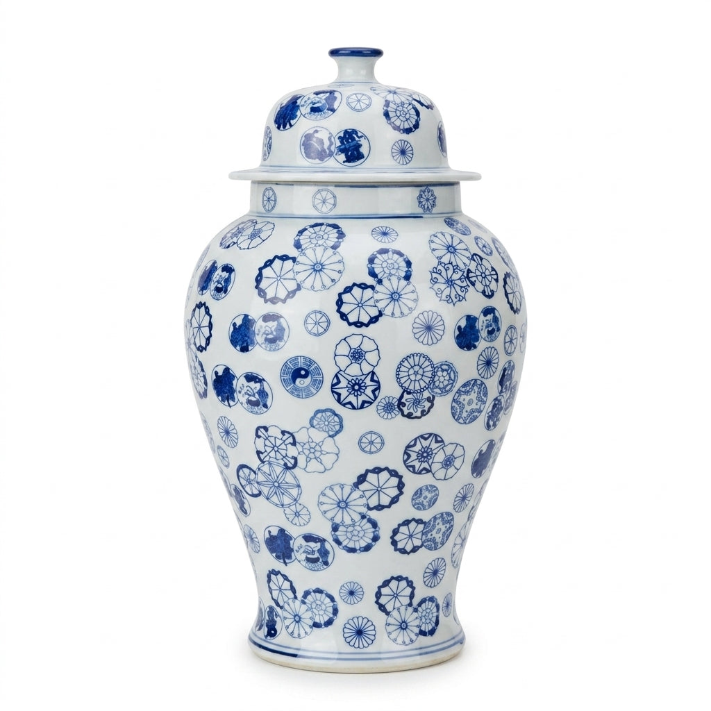 Blue &amp; White Ball Flower Temple Jar