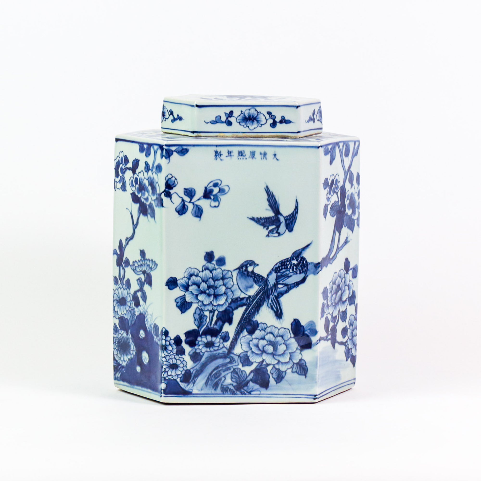 Blue And White Flat Hex Bird Floral Jar