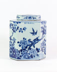 Blue And White Flat Hex Bird Floral Jar