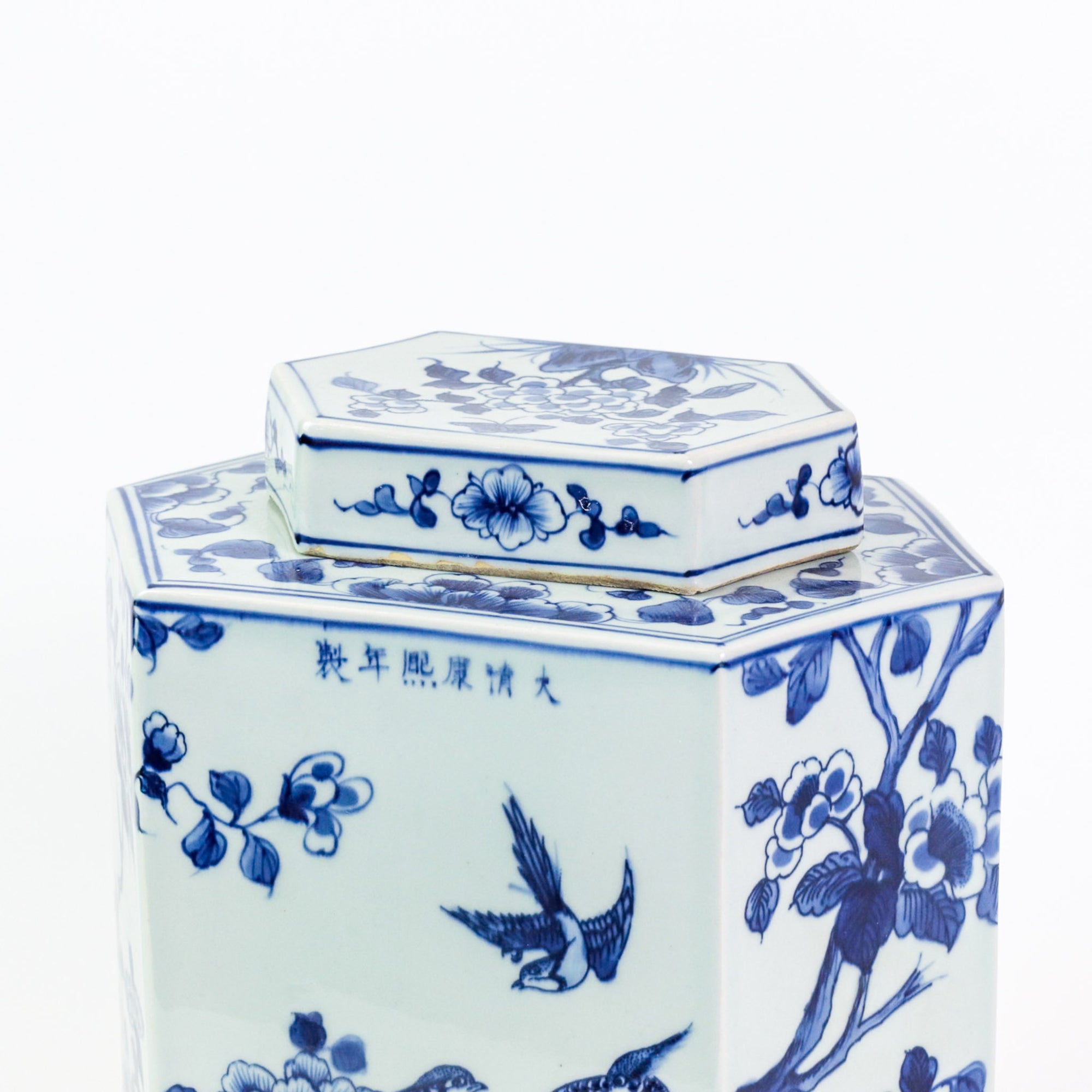 Blue And White Flat Hex Bird Floral Jar