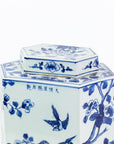 Blue And White Flat Hex Bird Floral Jar