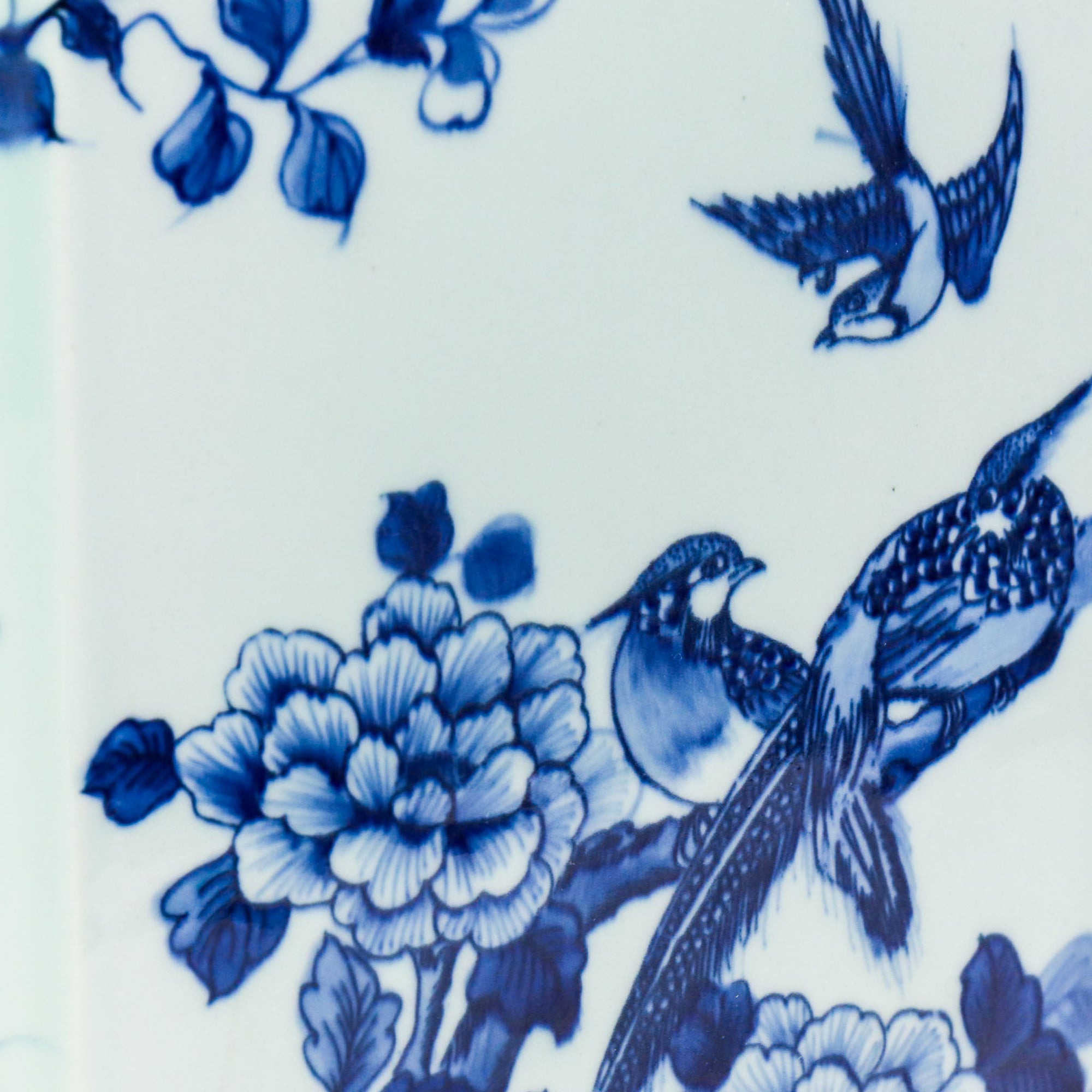 Blue And White Flat Hex Bird Floral Jar