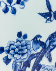 Blue And White Flat Hex Bird Floral Jar